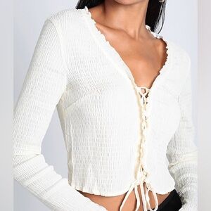 Topshop Cream Ruched Long Sleeve V Neck Lace-Up Top Blouse Minimalist Going Out